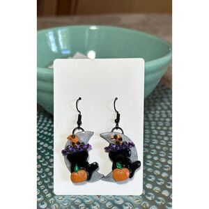 Black Cat Witch Moon Polymer Clay Handmade Earrings Spooky Season Halloween